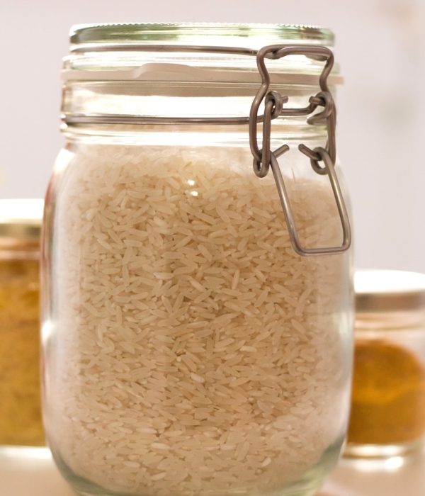 clear glass jar with white powder inside